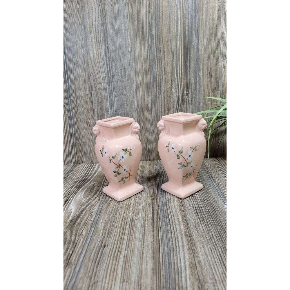 2 Vintage RRP Pink Floral Vases, Robinson Ransbottom